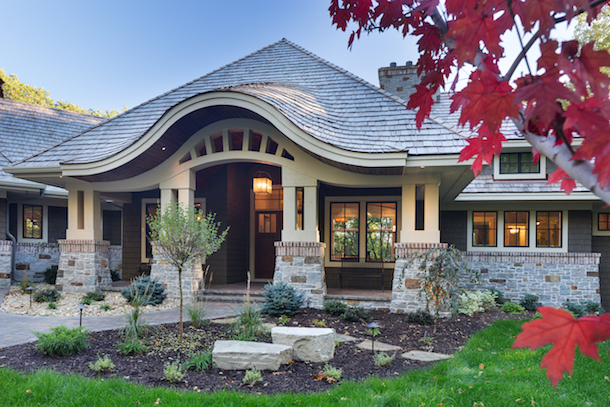 Portico view of Craftsman-style porch