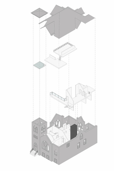Cut away schematic rendering of church remodeled into a home