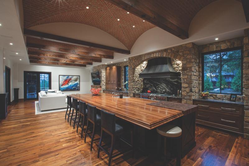 brick ceiling in open floor plan kitchen