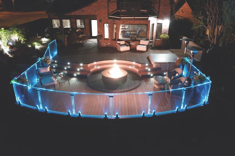 Deck with lighted glass railings